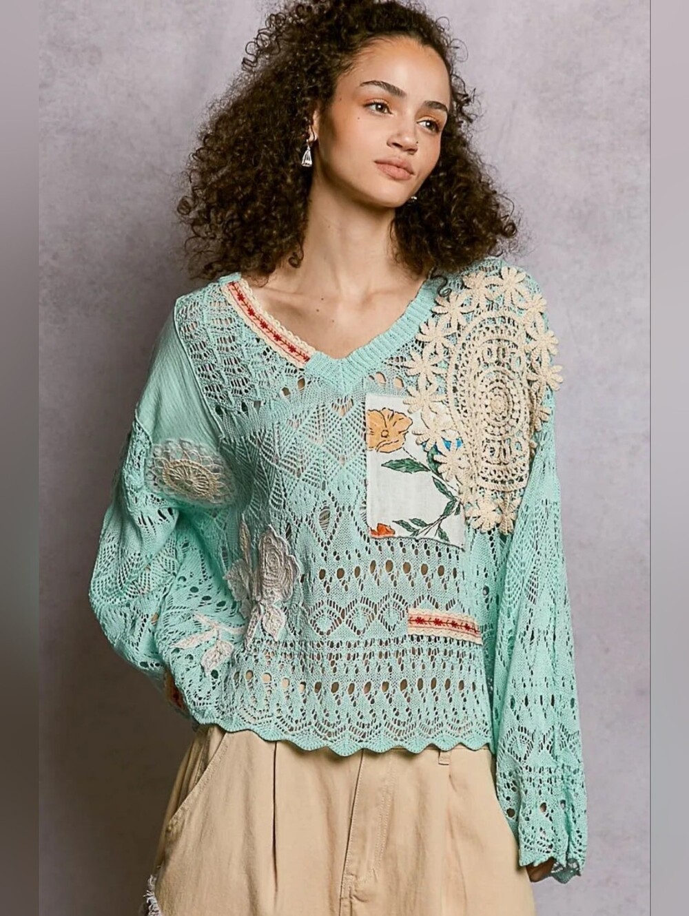 POL NWOT Mint Crochet Patchwork V-Neck Sweater
